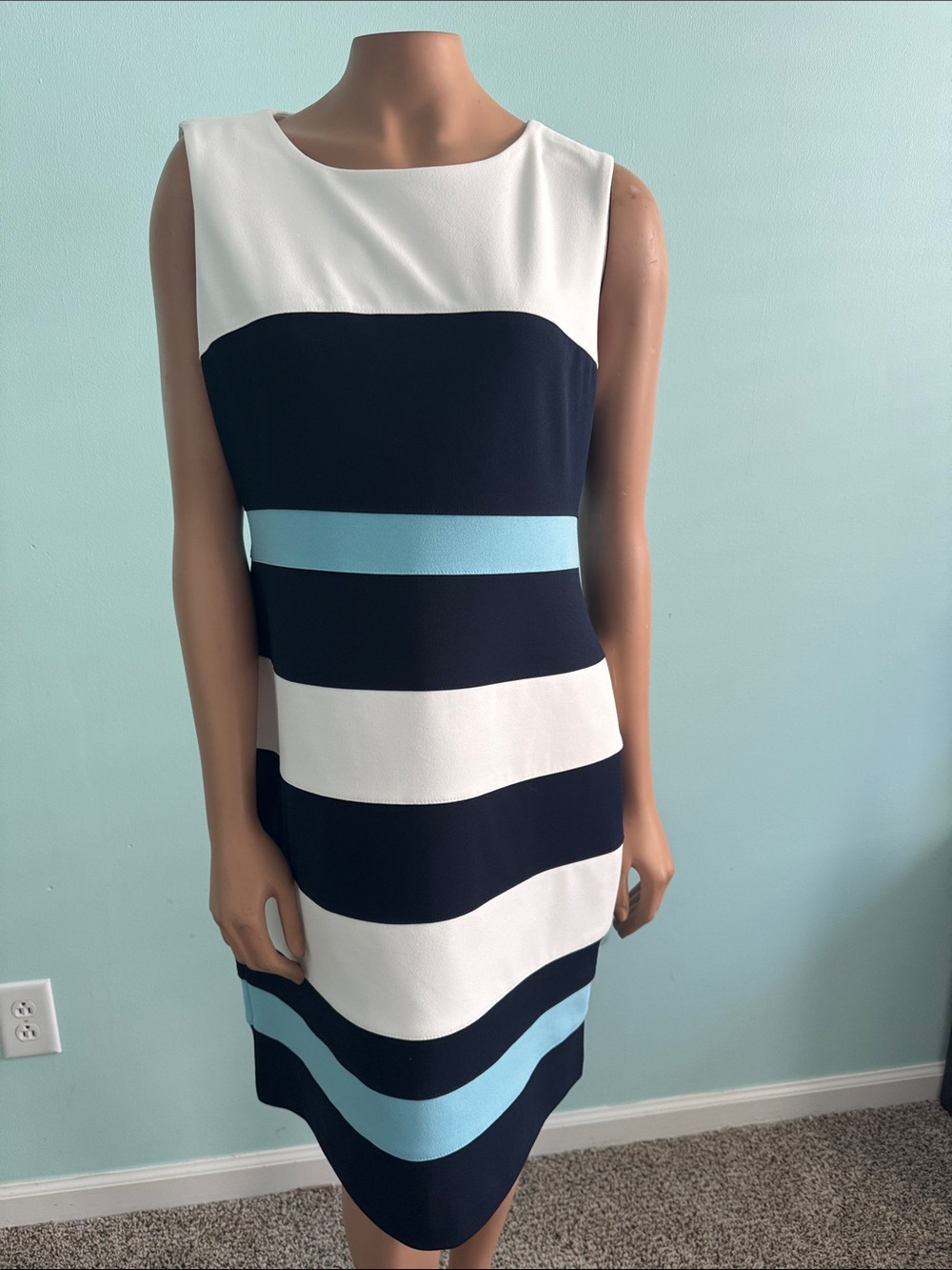 Tommy Hilfiger Sleeveless Navy, White & Light Blue Striped Sheath Dress size 14